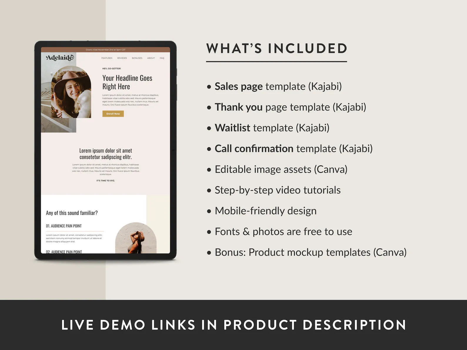 Kajabi sales funnel template bundle for online course creators, online educators, coaches, consultants, digital product sellers, and more. This template is customizable for your brand. Includes sales page, opt-in page, waitlist, and thank you page.