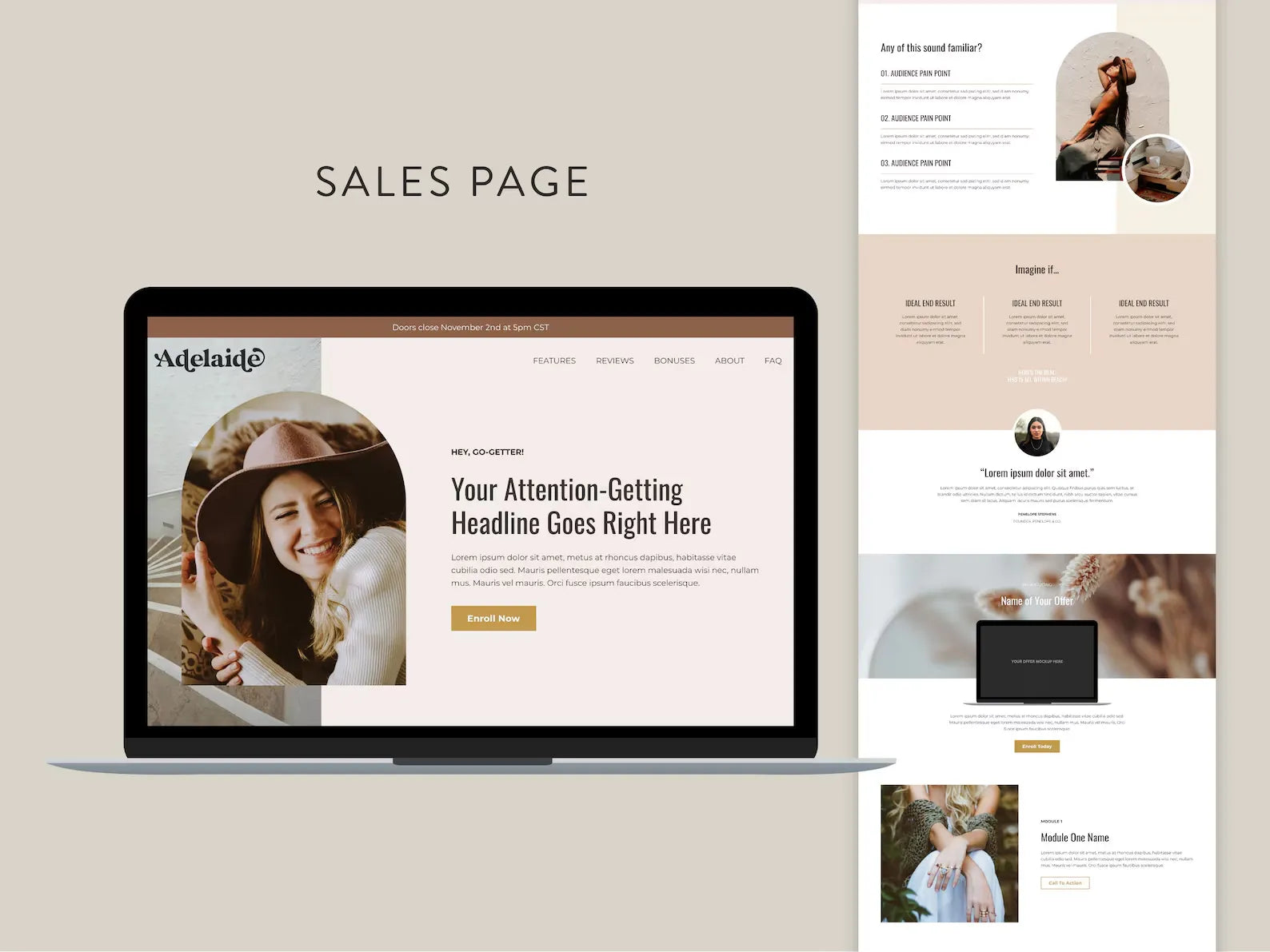 Kajabi sales funnel template bundle for online course creators, online educators, coaches, consultants, digital product sellers, and more. This template is customizable for your brand. Includes sales page, opt-in page, waitlist, and thank you page.