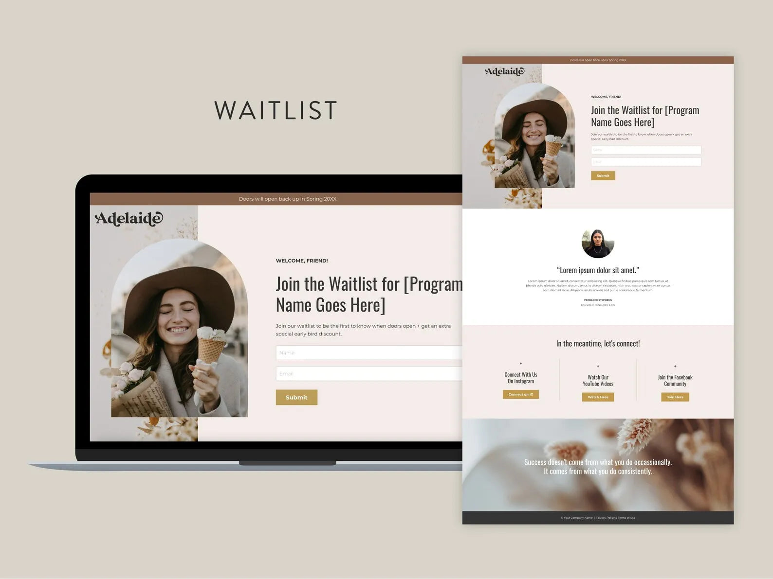 Kajabi sales funnel template bundle for online course creators, online educators, coaches, consultants, digital product sellers, and more. This template is customizable for your brand. Includes sales page, opt-in page, waitlist, and thank you page.