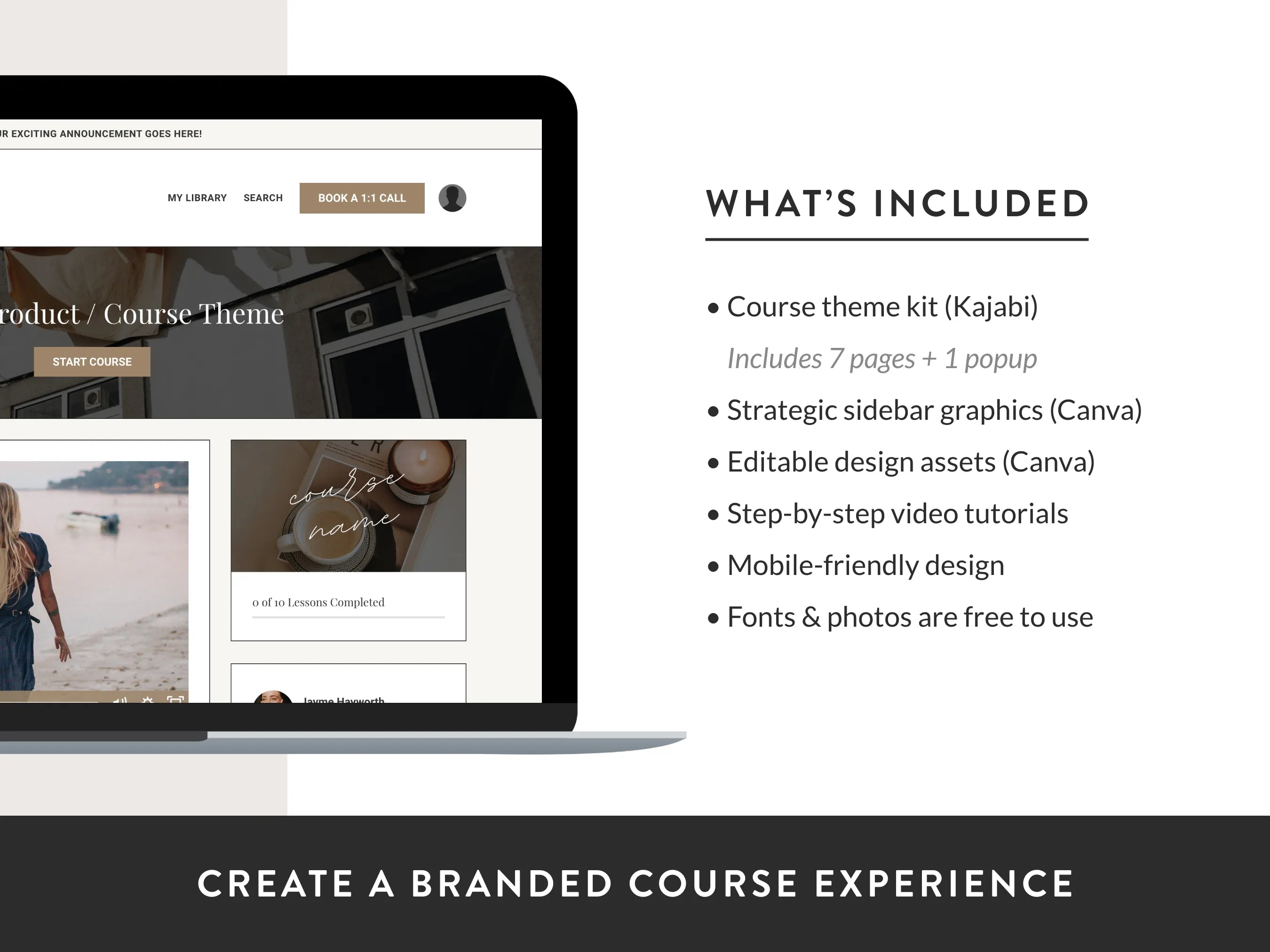 Create a branded course experience with this gorgeous, customizable Kajabi course theme. Save so much time and money with this done-for-you Kajabi product template design. This product theme will instill trust in your course students.