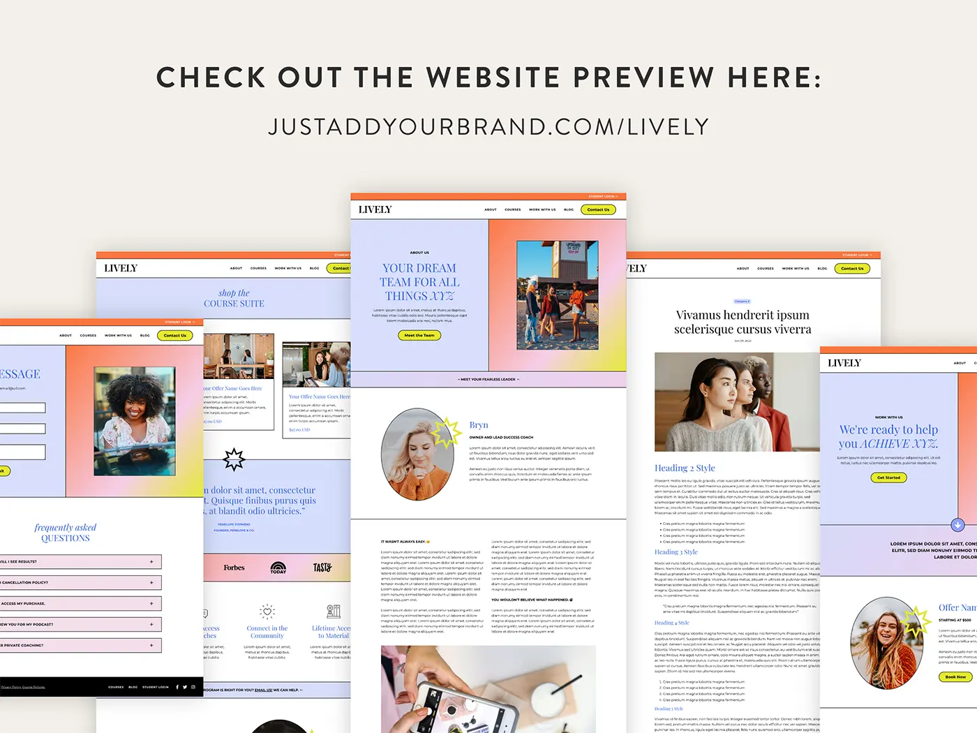 Lively feminine Kajabi website template and modern Kajabi theme for coaches, course creators, and product sellers, featuring customizable branding, mobile-responsive layouts, and high-converting Kajabi landing pages for coach & course businesses.