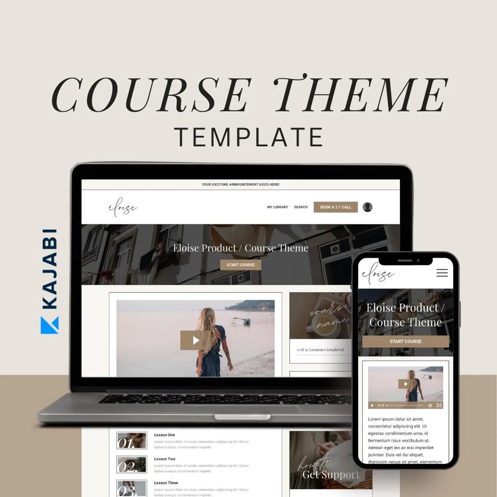 Create a branded course experience with this gorgeous, customizable Kajabi course theme. Save so much time and money with this done-for-you Kajabi product template design. This product theme will instill trust in your course students.